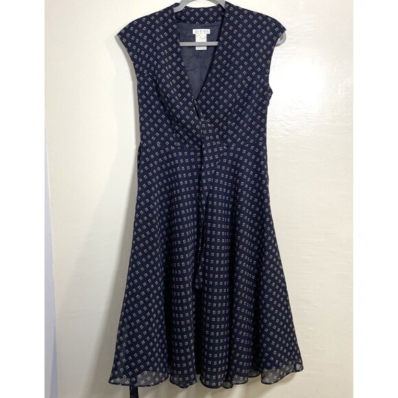 Worthington Navy Blue Polka Dot Ruffle VNeck Dress Size 6P Vintage inspired Midi - Picture 4 of 12